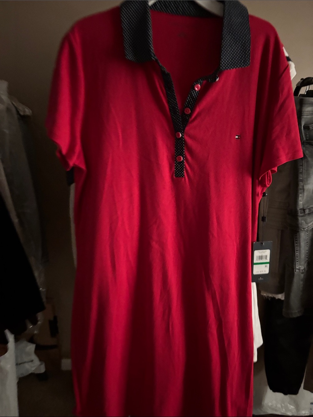 Tommy Hilfiger Red Polo Shirt with Navy Contrast Collar